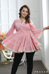 BOHO BLOOM TUNIC PRETTY PINK COTTON MUL TIERED TUNIC TOP WITH LACE TRIMS