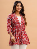 Floral Printed Shirt Collar Pure Cotton Pleated Kurti