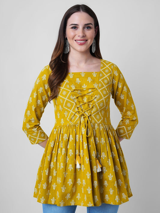 Mustard Yellow & Off White Print Cinched Waist Longline Top