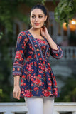 Women Navy Blue And Red Floral Printed Empire Cotton Tops