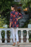 Women Navy Blue And Red Floral Printed Empire Cotton Tops