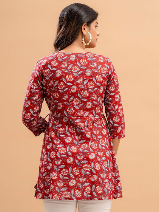 Floral Printed V-Neck Pure Cotton A-Line Kurti