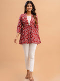 Floral Printed Shirt Collar Pure Cotton Pleated Kurti