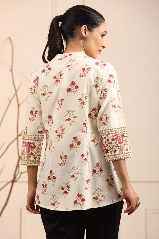 Women Cream & Coral Floral Printed Pure Cotton Top