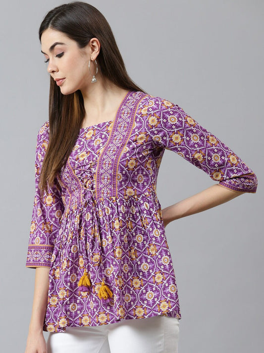 Purple Geometric Printed Pure Cotton Empire Top