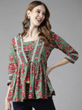 Women Green And Red Floral Printed Empire Cotton Top