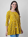 Mustard Yellow & Off White Print Cinched Waist Longline Top