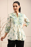 Women Cream and Teal Floral Printed Pure Cotton Top