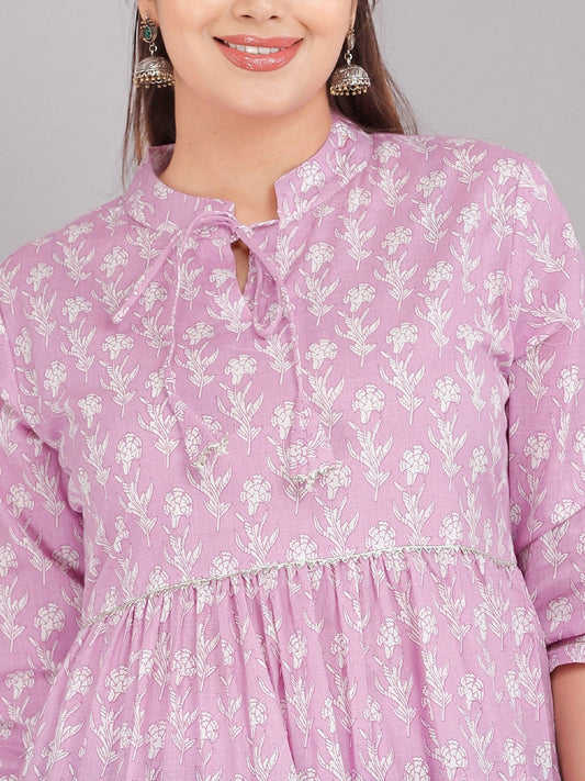 Pink Floral Print Tie-Up Neck Tiered Top