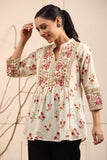 Women Cream & Coral Floral Printed Pure Cotton Top