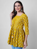 Mustard Yellow & Off White Print Cinched Waist Longline Top