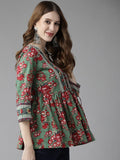 Women Green And Red Floral Printed Empire Cotton Top